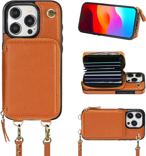 Miniatura 12 de Bocasal Funda tipo cartera cruzada para iPhone 15 Pro, funda de piel con bloqueo RFID y soporte para tarjetas, funda protectora con cremallera