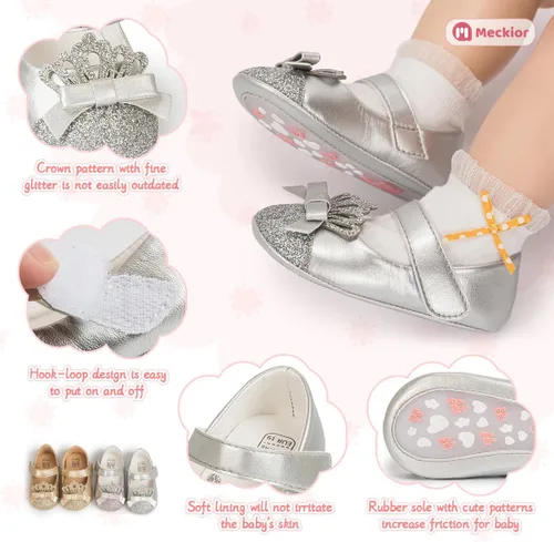 Miniatura 5 de Meckior Zapatos deportivos para bebé y niñas, suela suave, con lazo, princesa, vestido de boda, Mary Jane, planos, para recién nacidos, ligeros