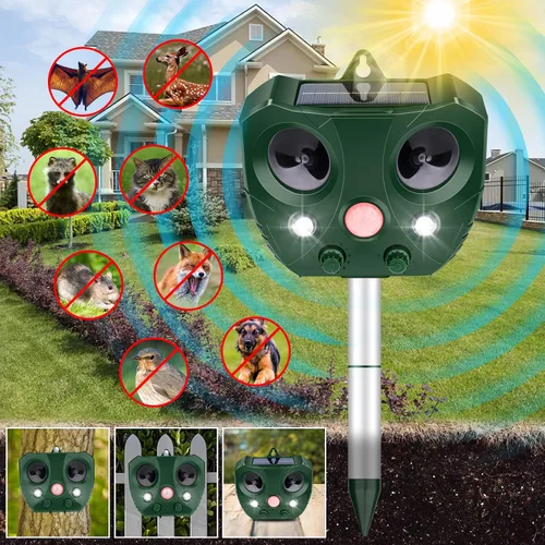 Repelente ultrasónico de animales al aire libre, repelente solar de animales 2025, repelente de gatos con detección de movimiento y luz LED