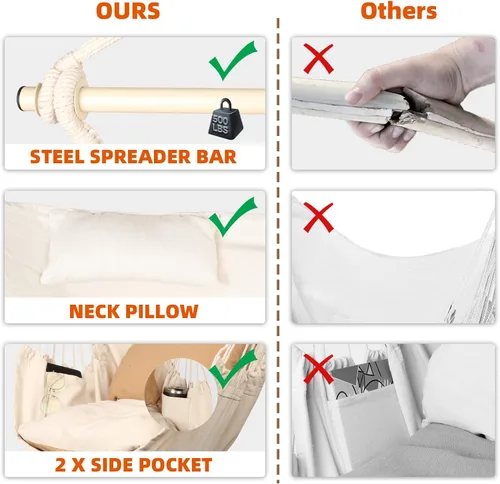 Miniatura 7 de Silla hamaca colgante con cuerda – Máximo 500 libras – 2 cojines y 1 almohada para el cuello incluida – Barra separadora de acero resistente