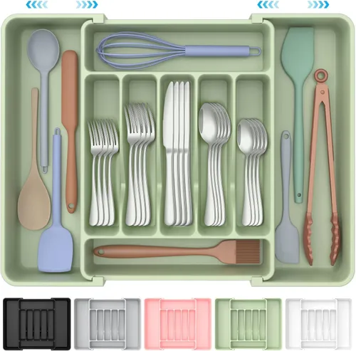 Miniatura 12 de ukeetap Organizador de cubiertos expandible extragrande, sin BPA, apto para alimentos, organizador de cajones de utensilios de cocina, soporte Negro