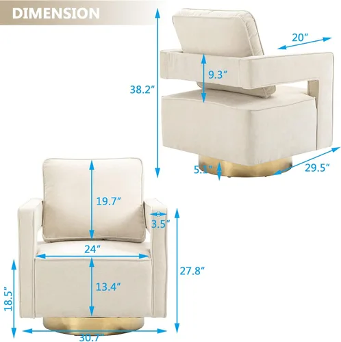 Miniatura 2 de Betoko Silla giratoria con diseño de barril, moderno sillón con respaldo abierto con base de metal dorado, silla tapizada de felpilla con almohada