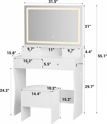 Miniatura 6 de Escritorio de maquillaje con espejo y luces, juego de mesa de tocador con 4 cajones de almacenamiento y estantes para espacios pequeños, tocador