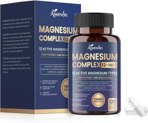Complejo de magnesio 700 mg, suplemento de magnesio 12 en 1 con glicinato, citrato, malato, óxido, taurato y orrotato, magnesio de alta absorción