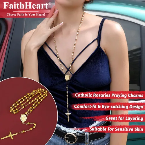 Miniatura 2 de FaithHeart Collar de cuentas de rosario católico medalla de San Miguel San Cristóbal Virgen María y San Benito con dije de cruz cuentas de 6 mm0236