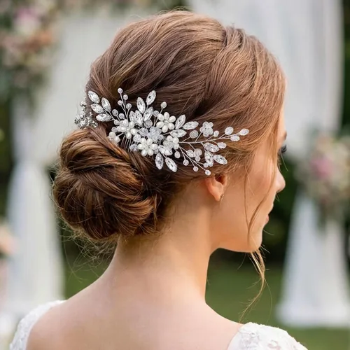 Miniatura 9 de Unicra Peine para el cabello de boda con flores de novia, peine lateral plateado, accesorio para el cabello para mujeres y niñas (dorado)