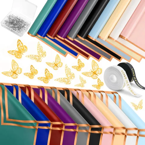 Miniatura 33 de NESCCI Papel de regalo de flores de 20 hojas, papel de regalo de ramo floral impermeable, suministros de floristería, papel de embalaje para boda