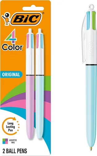 BIC Bolígrafo retráctil de 4 colores de moda con punta media de 1.0 mm y tinta surtida, paquete de 2 unidades en multicolor