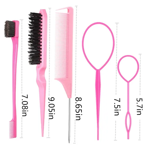 Miniatura 7 de 5 piezas de juego de cepillo Slick Back con herramienta Topsy Tail, cerdas para estirar, peine de rata para peinado de cabello de mujeres y niñas