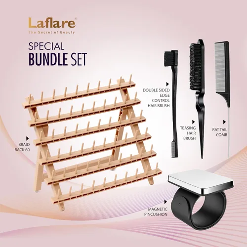 Miniatura 2 de Laflare Estante de trenzado para cabello con juego de peine, pulsera de gel trenzado y estante (soporte de extensión con 60 clavijas) con accesorios