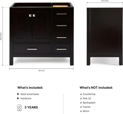 Miniatura 2 de ARIEL Cambridge - Mueble base de tocador de baño de 36 pulgadas, madera maciza, 2 puertas de cierre suave, 5 cajones de cola de milano