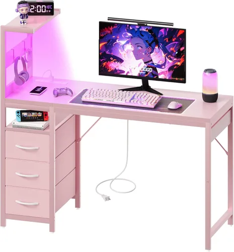 Miniatura 8 de YOUDENOVA 40 Inch Gaming Computer Desk with Led Lights, Small Desk with Storage Shelves and Drawers, Reversible Compact Gamer Table for Home Office