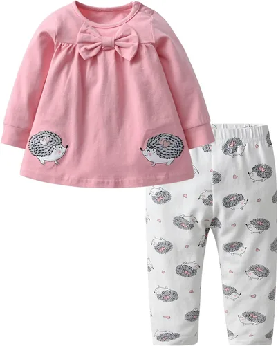 Eghunooy Conjunto de ropa de bebé niña 2 piezas de manga larga con patrón de dibujos animados trajes infantiles