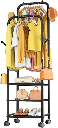 Furologee - Percheros enrollables para colgar ropa, con dobles varillas, con ruedas, perchereros resistentes, perchero metálico portátil para