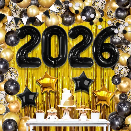 Miniatura 7 de KatchOn, Juego de decoraciones de Año Nuevo 2026, enorme, paquete de 85 Globo de estrellas negras y doradas, telón de fondo de cortina con flecos