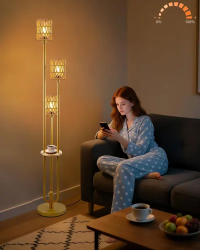 Miniatura 10 de Lámpara de pie regulable dorada con mesa, lámparas de pie modernas con pantallas de hongos para sala de estar, lámpara de pie alta blanca cálida