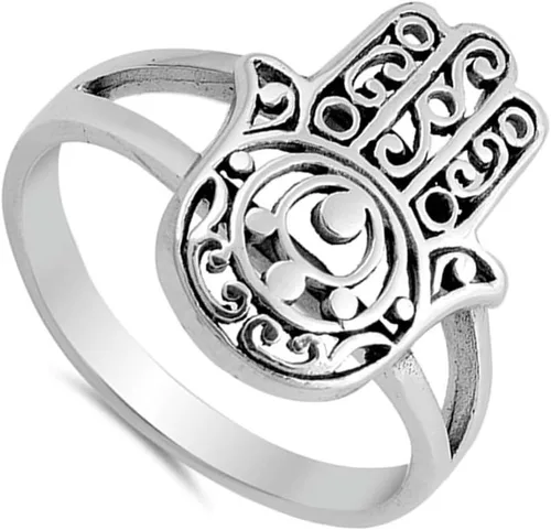 Miniatura 2 de Anillo Hamsa de la mano de Dios de filigrana de plata de ley 925 tamaños 5-10