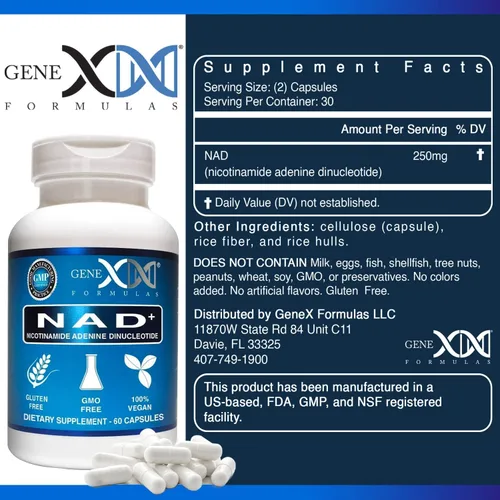 Miniatura 2 de Genex Formulas NAD+ 250mg porción 60 cápsulas de nicotinamida adenina dinucleótido (NAD+ real no es un precursor) (1)