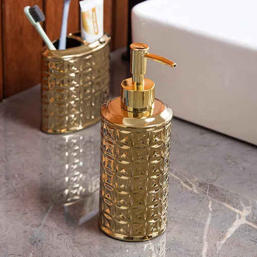 Miniatura 5 de Juego de accesorios de baño dorados, 4 piezas de cerámica para decoración de baño, incluye dispensador de loción, soporte para cepillos de dientes