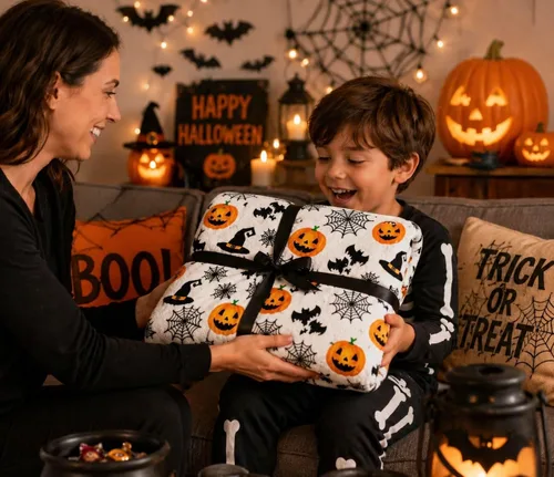 Miniatura 3 de Manta de forro polar de Halloween: telaraña, sombrero de bruja, murciélagos negros, calabazas naranjas, franela suave y cálida para cama, sofá