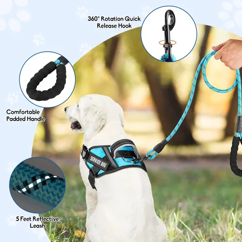 Miniatura 6 de Chaleco de arnés para perro de servicio y juego de correa, arnés de entrenamiento para perro Animire con 10 parches para perros, correa reflectante