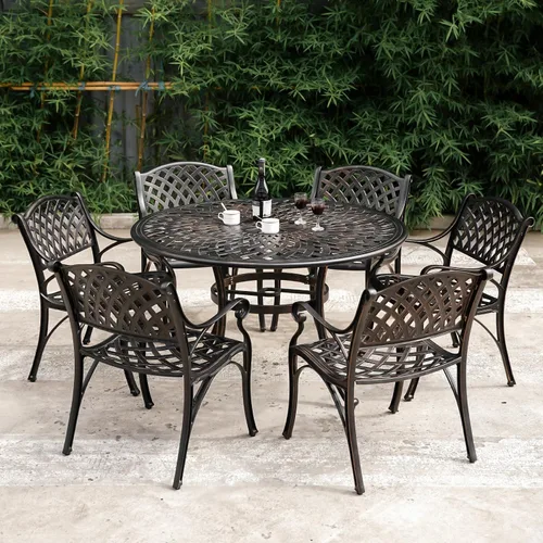 Miniatura 8 de Juego de 4 sillas de patio de aluminio fundido para todo tipo de clima, sillas de patio al aire libre con reposabrazos, muebles de patio, sillas