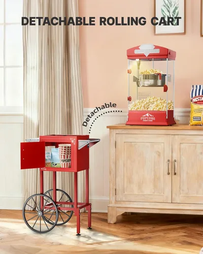 Miniatura 7 de Carro de máquina de palomitas de maíz de 10 onzas, máquina para hacer palomitas con rueda y hervidor de acero inoxidable que hace hasta 40 tazas