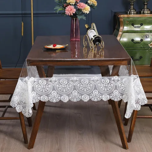 Miniatura 9 de Mantel rectangular de plástico transparente de vinilo impermeable, borde de encaje bordado, mantel transparente para comedor, cocina al aire libre