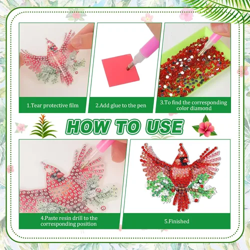 Miniatura 7 de Thinkday 12 piezas de adornos de arte de diamantes cardenales de Navidad en julio, pájaros rojos de Navidad, pintura de diamante, llaveros