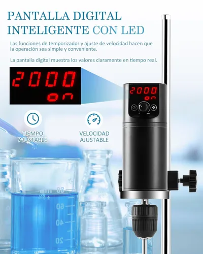 Miniatura 4 de Agitador eléctrico Max.40L LCD Digital Lab Mixer 10000mPa.s Tiempo y velocidad ajustable varilla de agitación incluida 100-2000RPM 120W