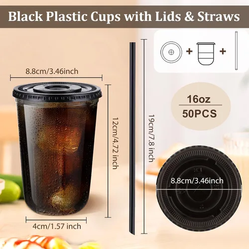 Miniatura 2 de tchrules Juego de 50 vasos de plástico negro de 16 onzas con tapas y pajitas, vaso de café helado desechable con tapa, vasos de plástico de fondo