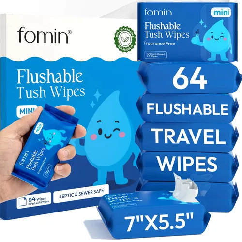 Fomin Toallitas desechables compactas de viaje, paquete de 8 (64 toallitas en total), toallitas húmedas de tamaño de viaje sin perfume para adultos,