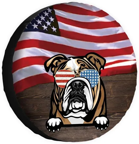 Miniatura 12 de Cubierta de neumático de repuesto para perro salchicha con gafas de sol con bandera de Estados Unidos, fundas protectoras de ruedas a prueba