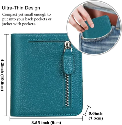 Miniatura 5 de Funtor Cartera de cuero para mujer, pequeña y compacta, con bolsillo doble, bloqueo RFID, para mujer