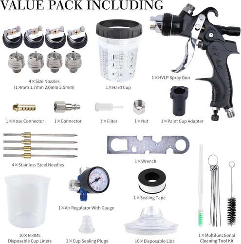 Miniatura 4 de Pistola de pulverización HVLP con 10 tazas desechables de pintura de 600ML, 4 boquillas, 1.4/1.7/2.0/2.5mm, kit de pistola de pintura de Negro