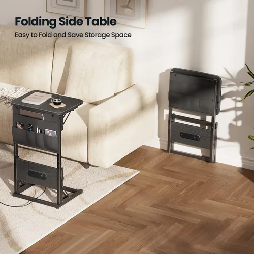 Miniatura 7 de HLDIRECT - Mesa auxiliar en forma de C con estación de carga, mesa lateral para sofá con bolsa de almacenamiento, bandeja para TV ajustable