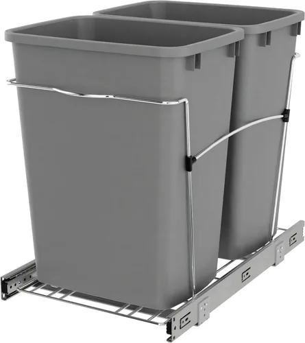 Miniatura 11 de Rev-A-Shelf Bote de basura doble extraíble de 35 cuartos de galón para gabinetes de cocina base, sistema de cubo de basura con toboganes de Blanco