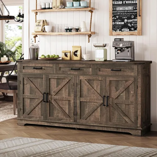 Miniatura 3 de usikey Gabinete Buffet, Aparador Buffet Grande de 63" con Almacenamiento y 3 Cajones, Barra de Café Estilo Granja con 4 Puertas, Mesa Buffet