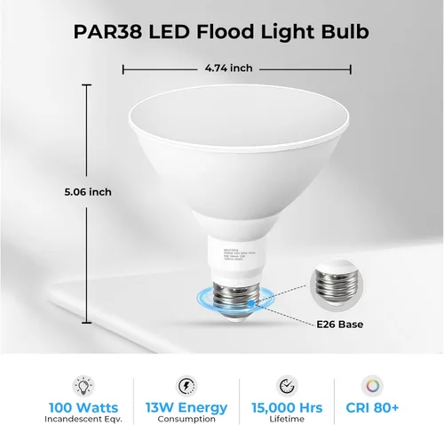 Miniatura 2 de GvvooHome - Bombillas LED de inundación PAR38 para exterior, equivalente a 100 W, 1050 lm, 5000 K, luz blanca de día, 13 W, intensidad regulable