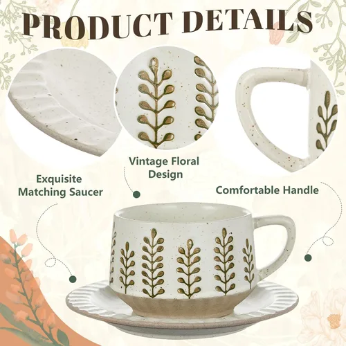 Miniatura 3 de LemonRoad Juego de tazas de té y platillo vintage, tazas de café de porcelana de 10 onzas con platillo para café con leche, moca, capuchino, tazas
