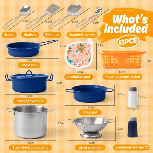 Miniatura 2 de Juego de accesorios de juguete de cocina para niños pequeños, juego de cocina para niñas y niños, incluye ollas y sartenes coloridas (azul)