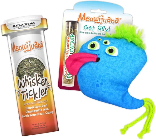Meowijuana Paquete Blue Blob | Consigue un juguete de Bob azul recargable tonto y mezcla de hierba gatera Whisker Tickler | Promueve el juego y la