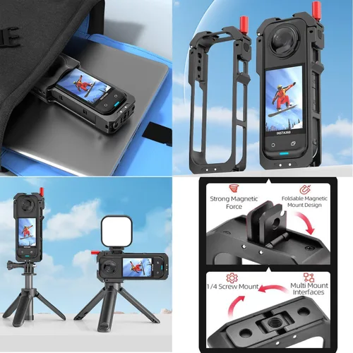 Miniatura 2 de Insta 360 X5 - Carcasa de aluminio de metal con doble abrazadera y tapa de lente de silicona, protector de pantalla para Insta360 X5 X 5, kit