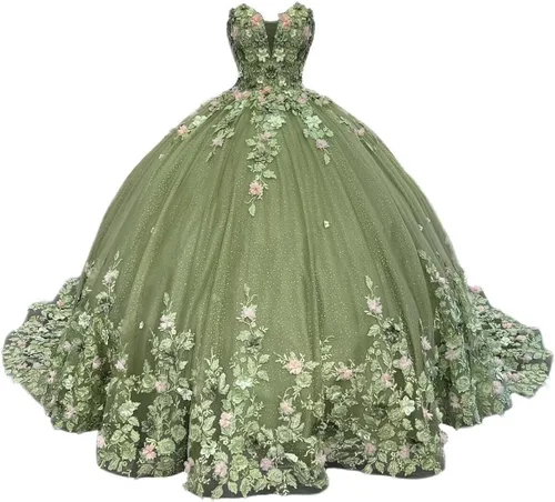 Zhangyo Vestidos de quinceañera de flores 3D sin tirantes con apliques de tren de tul dulce 16 vestidos con cuentas vestido de quinceañera hinchado
