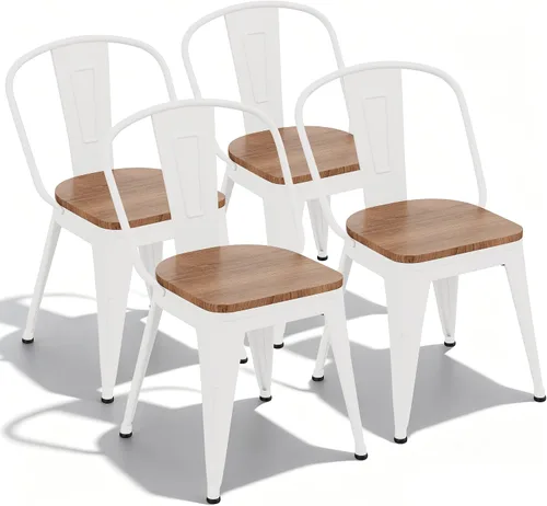 Miniatura 11 de Sillas de comedor de metal de 18 pulgadas, juego de 4 sillas de granja Arlunar, sillas de comedor negras apilables con respaldo y asiento de madera