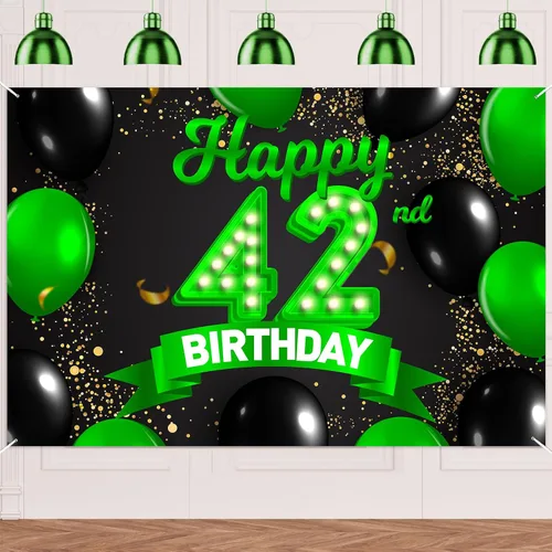 Miniatura 92 de Cartel de feliz cumpleaños 26 verde y negro, telón de fondo con texto en inglés "Cheers to 26 years old confeti", globos de confeti, decoración