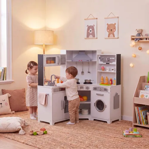 Miniatura 7 de MAMIZO Cocina de juego de esquina para niños, cocina de juguete de simulación de madera, juego de cocina grande con lavadora, campana extractora