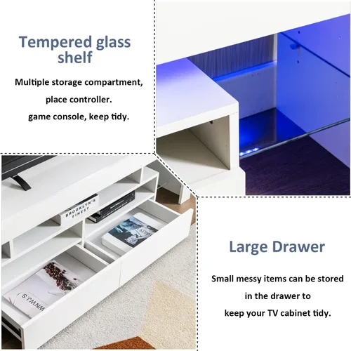 Miniatura 5 de Squireewo Soporte de TV con luces LED de 16 colores, consola multimedia con cajón y estante abierto de vidrio para TV de 60/65/70 pulgadas, centro