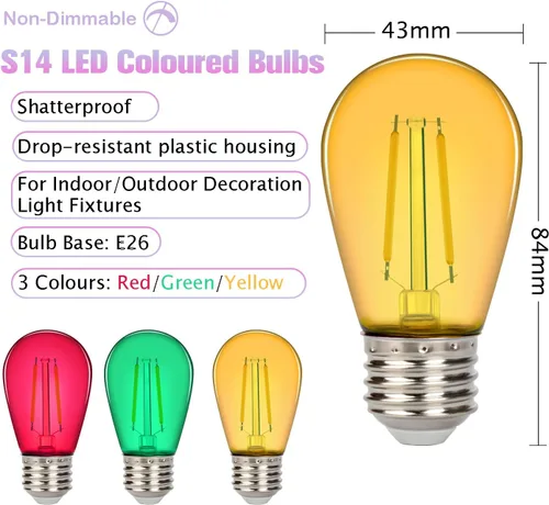 Miniatura 2 de Leadleds Paquete de 15 bombillas LED S14 de colores para tiras de luces de exteriores, bombillas de repuesto inastillables de 2 W para luces