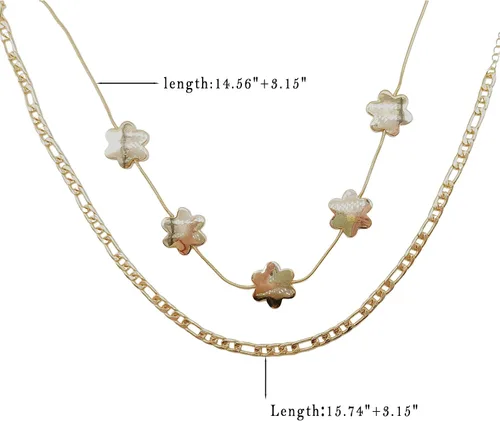 Miniatura 8 de Delicado collar chapado en oro en capas, cadena de serpiente, eslabones de perlas, clip de papel, cadena Figaro, flor de metal, colgante de sol